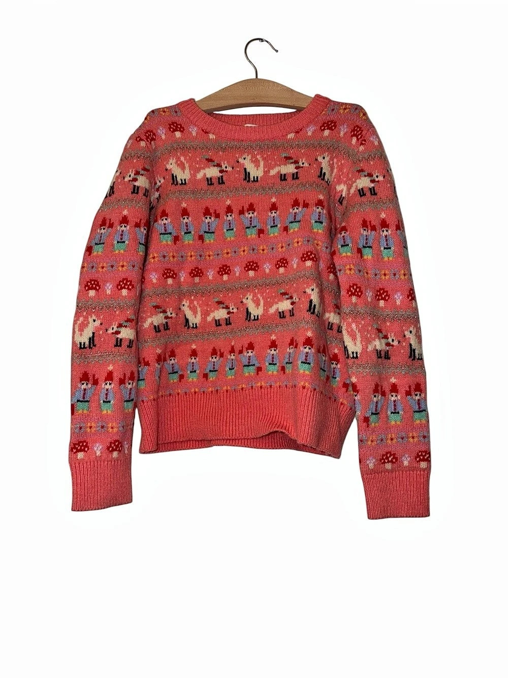 Crewcuts Coral Pink Woodland Gnome & Fox Fair Isle Sweater sz 12 wool blend25